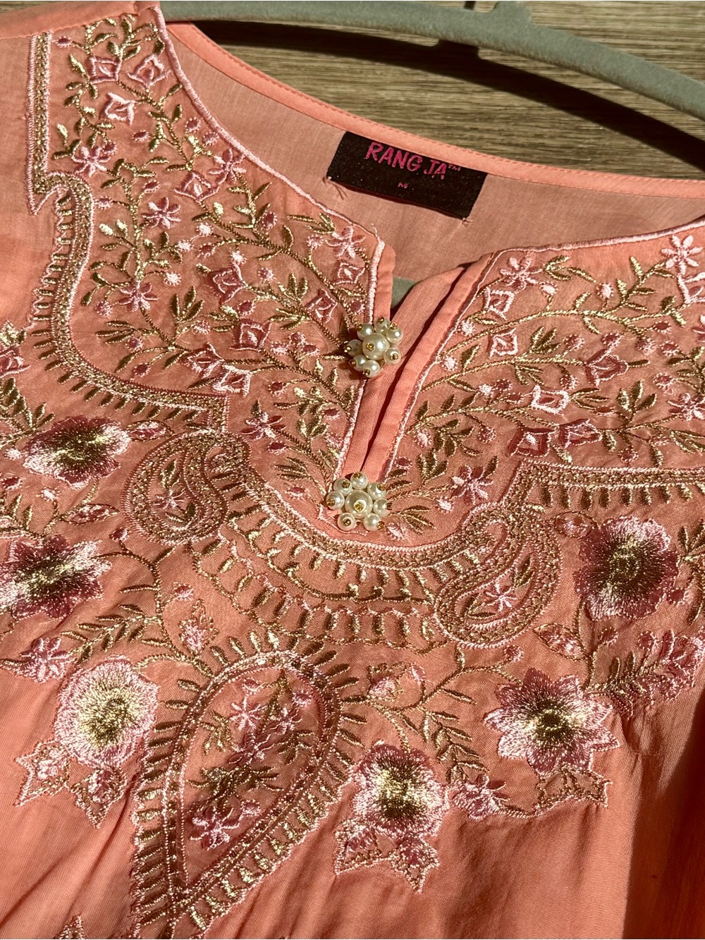 Rang Ja Coral Pink Intricate Embroidered Kurta Dress Pearl Beaded M